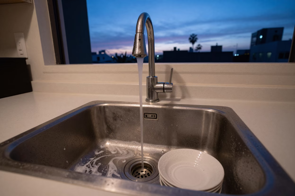 Los Angeles Kitchen Sink Drain and Dishes During Indigo Twilight in in Los Angeles, California, United States