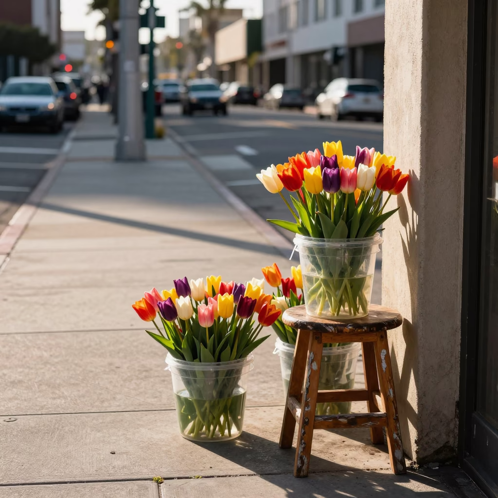 Los Angeles Late Afternoon Street Scene with Colorful Tulips and Urban Details in in Los Angeles, California, United States