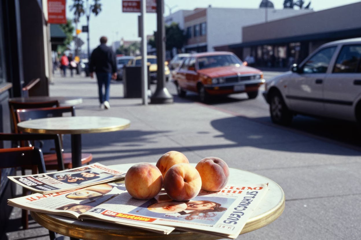 Los Angeles Late Morning Street Scene with Magazines and Peaches in in Los Angeles, California, United States