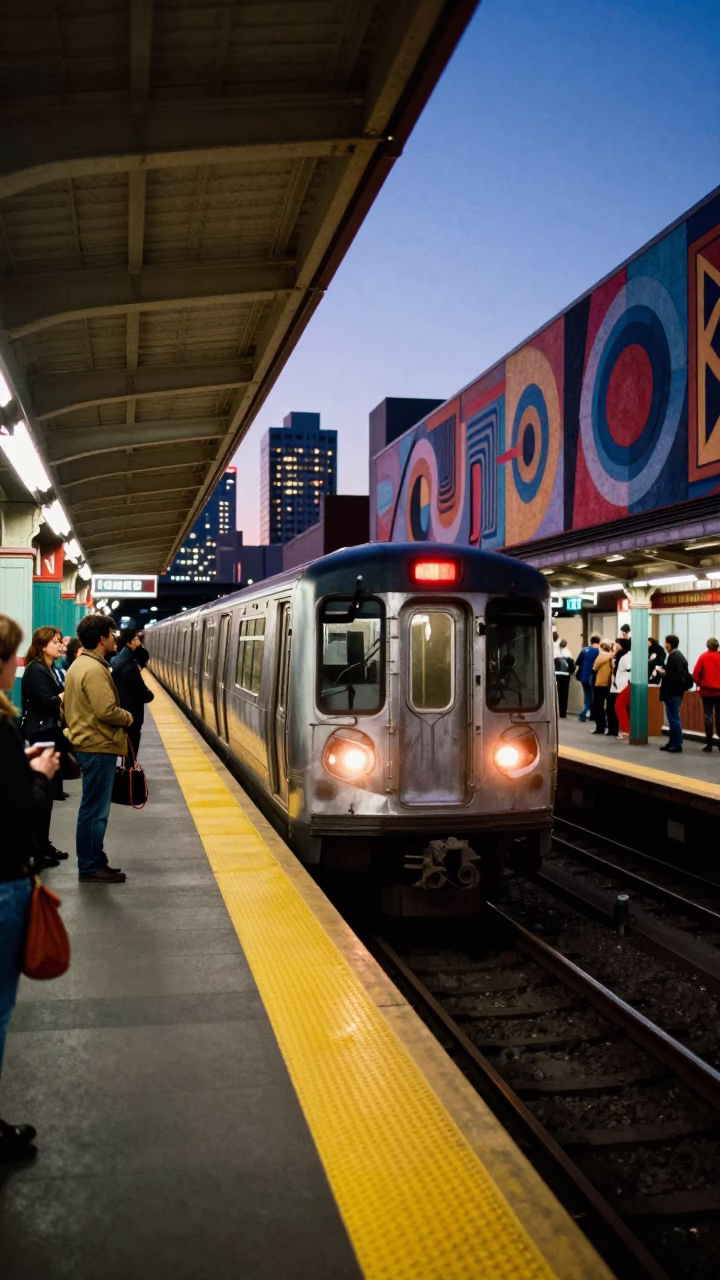 Los Angeles Metro Station Art Adorned Train Arrival at Dusk City Lights in in Los Angeles, California, United States