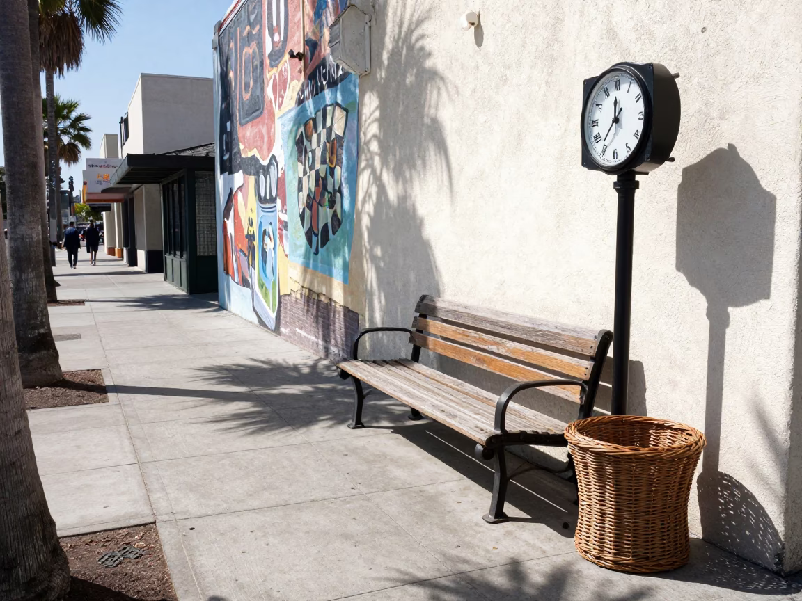 Los Angeles Midmorning Street Scene with Chess Clock and Wicker Shadow in in Los Angeles, California, United States