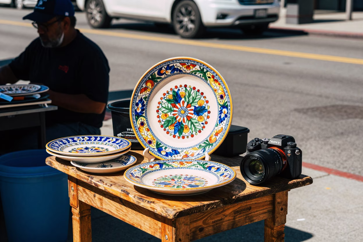Los Angeles Midmorning Street Scene with Vintage Majolica Plate and Sewing Baskets in in Los Angeles, California, United States