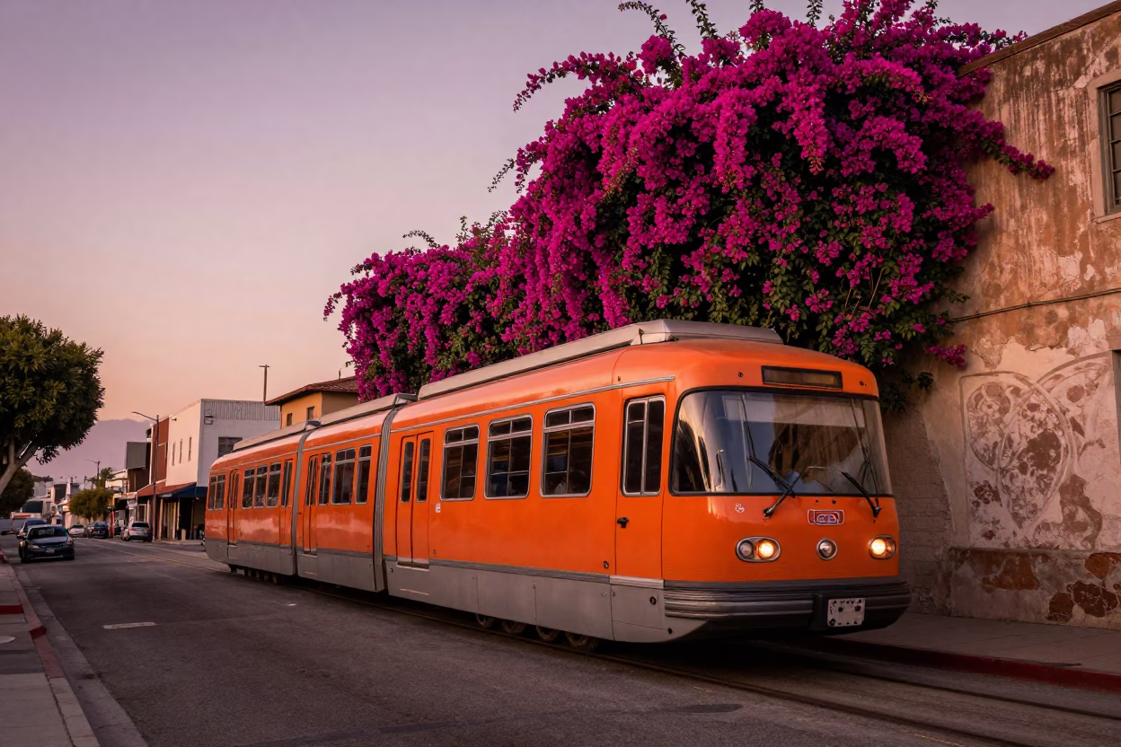 Los Angeles Monorail and Bougainvillea in Copper Dusk Light in in Los Angeles, California, United States
