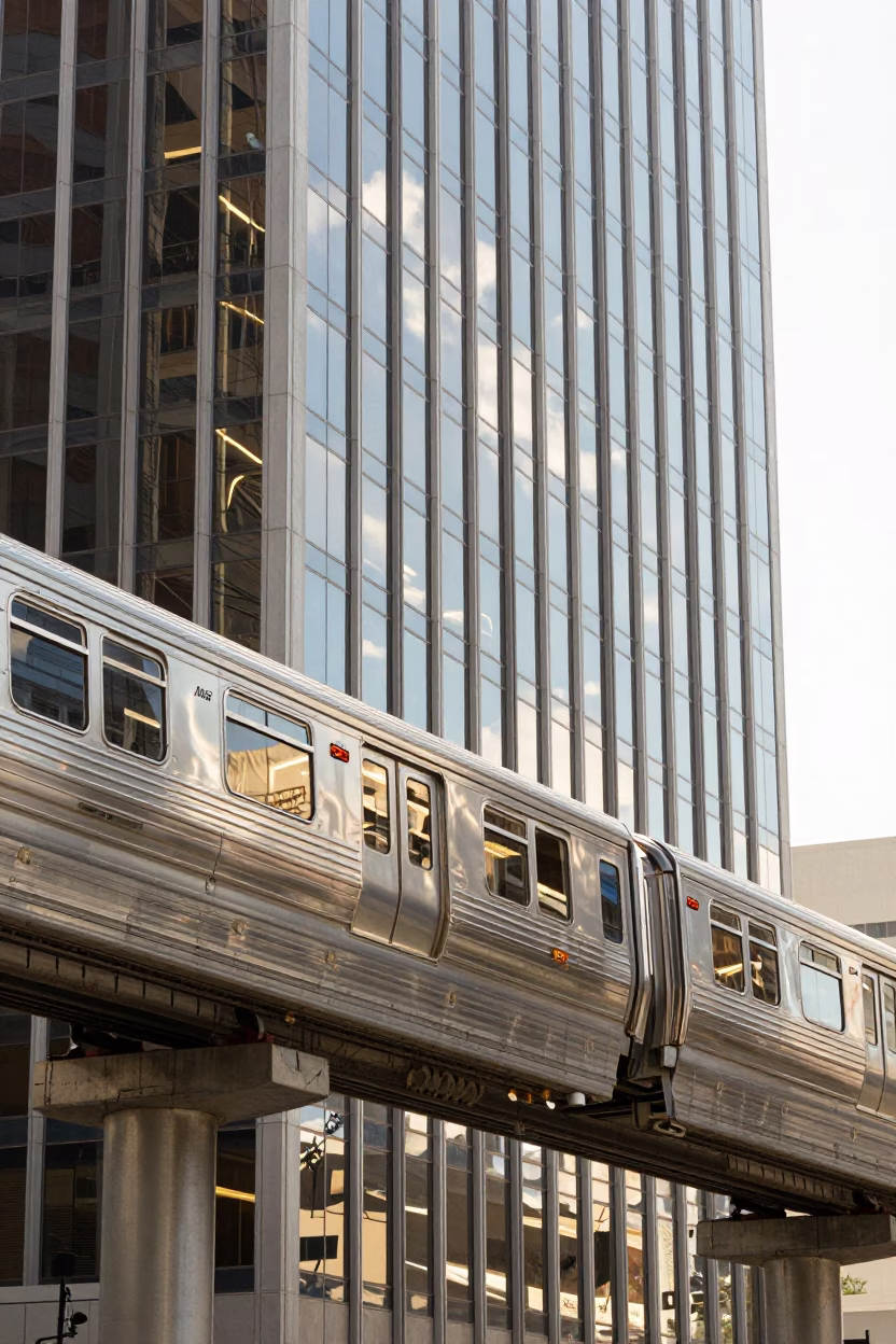 Los Angeles Monorail Reflection in Glass Skyscraper During Bright Midmorning Light in in Los Angeles, California, United States