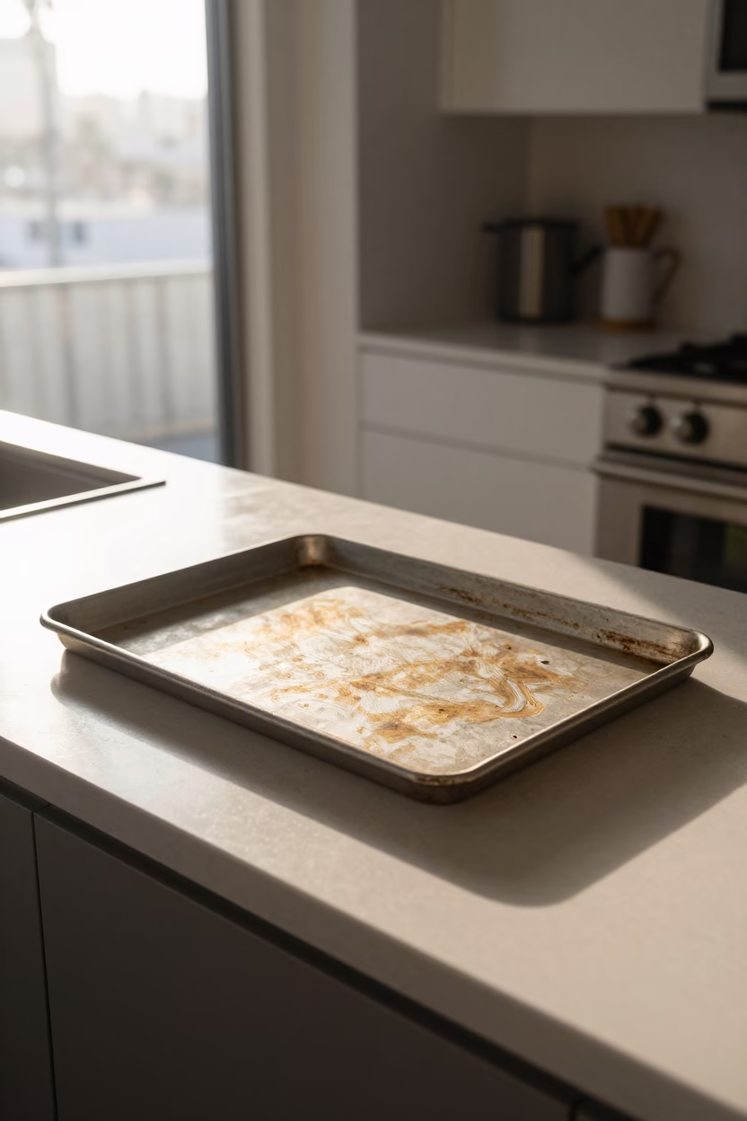 Los Angeles Morning Light on Weathered Baking Sheet and Kitchen Counter in in Los Angeles, California, United States
