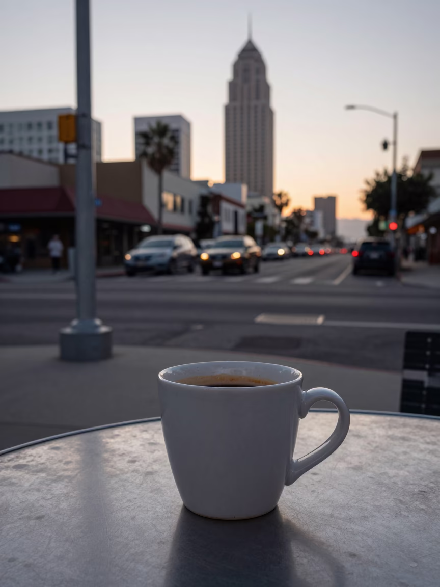 Los Angeles Nautical Dawn Street Scene with Coffee Cup and Urban Details in in Los Angeles, California, United States