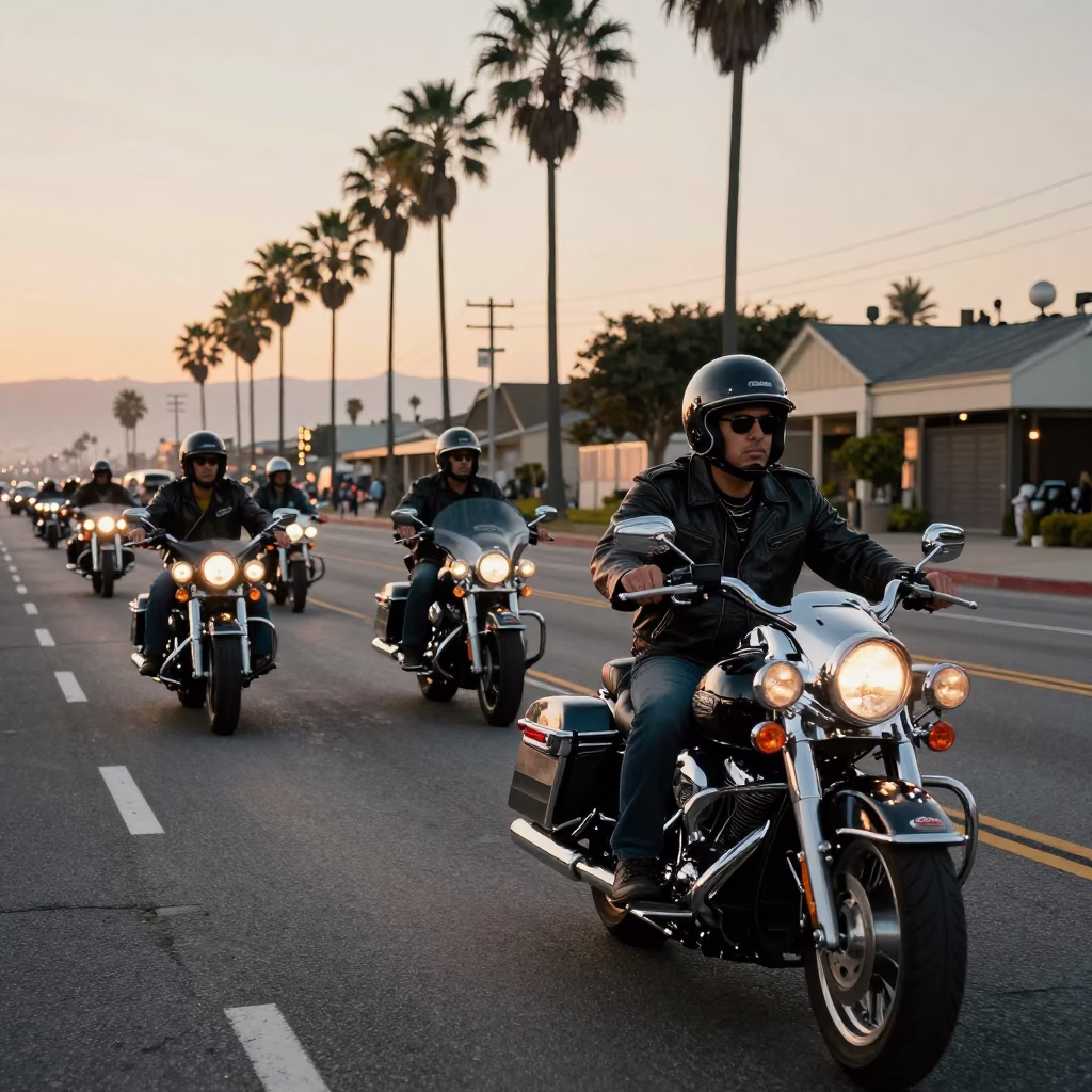 Los Angeles Nautical Dawn Street Scene with Motorcycle Convoy and Concrete Viaduct in in Los Angeles, California, United States