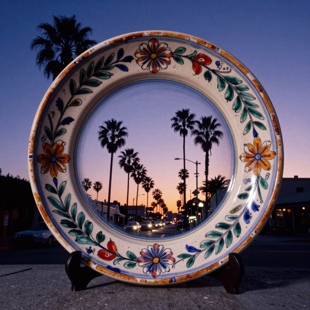 Los Angeles Nautical Dawn Street Scene with Vintage Majolica Plate and Chili Peppers in in Los Angeles, California, United States