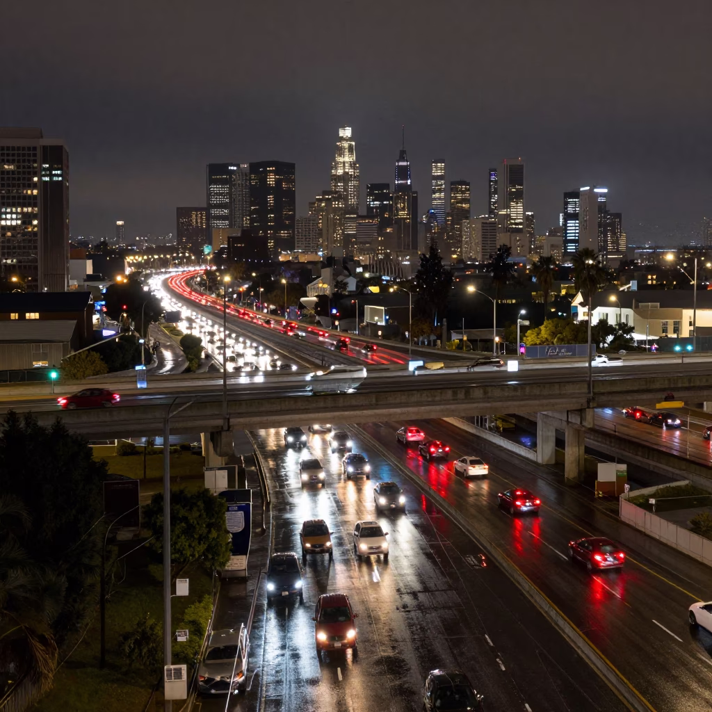 Los Angeles Night Overpass Interchange Glowing With Taillights After Rain in in Los Angeles, California, United States