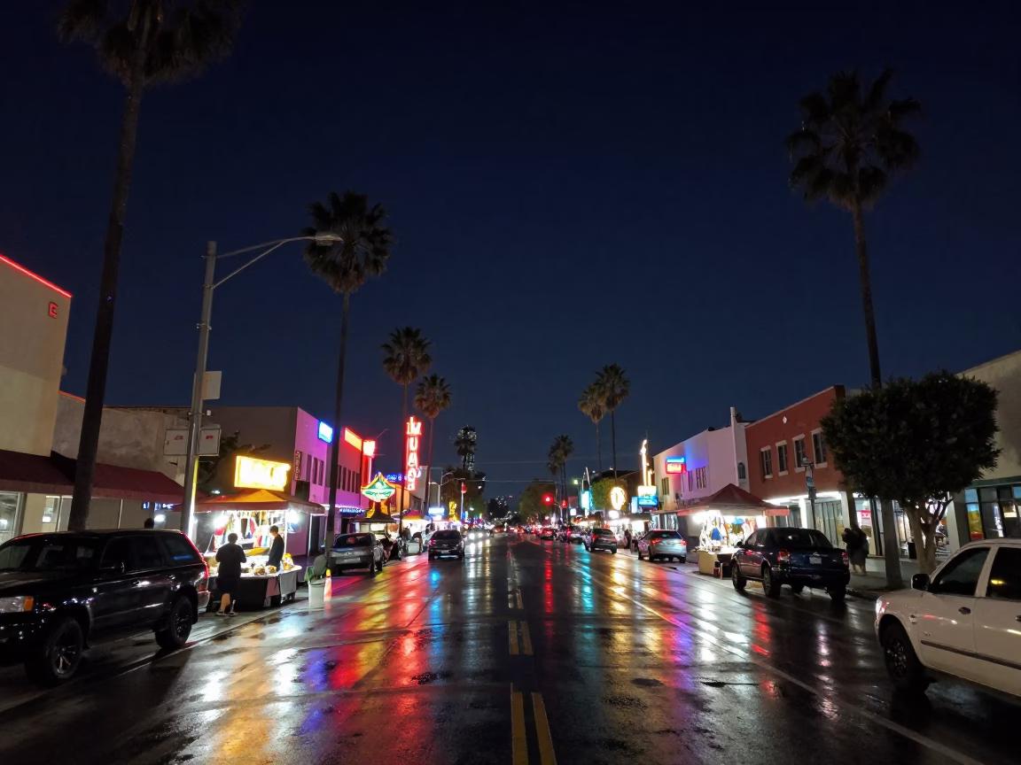 Los Angeles Night Sky Over Hollywood Boulevard Street Vendor Scene in in Los Angeles, California, United States
