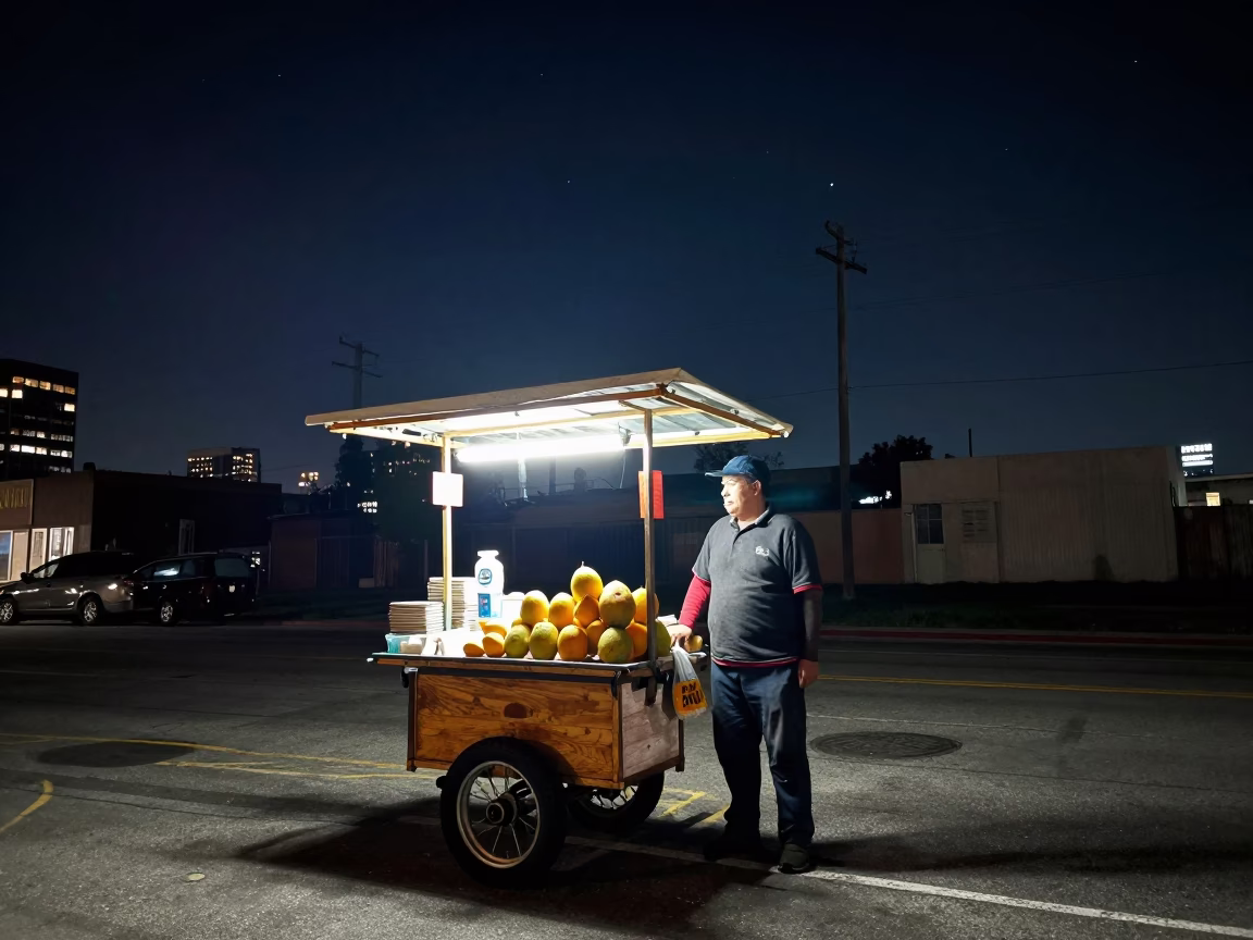 Los Angeles Night Sky Over Melon Vendor Cart Under Deepest Night in in Los Angeles, California, United States