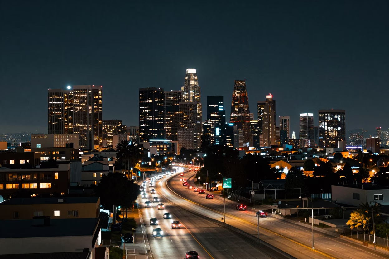 Los Angeles Night Skyline and Freeway Traffic Under Neon Lights in in Los Angeles, California, United States