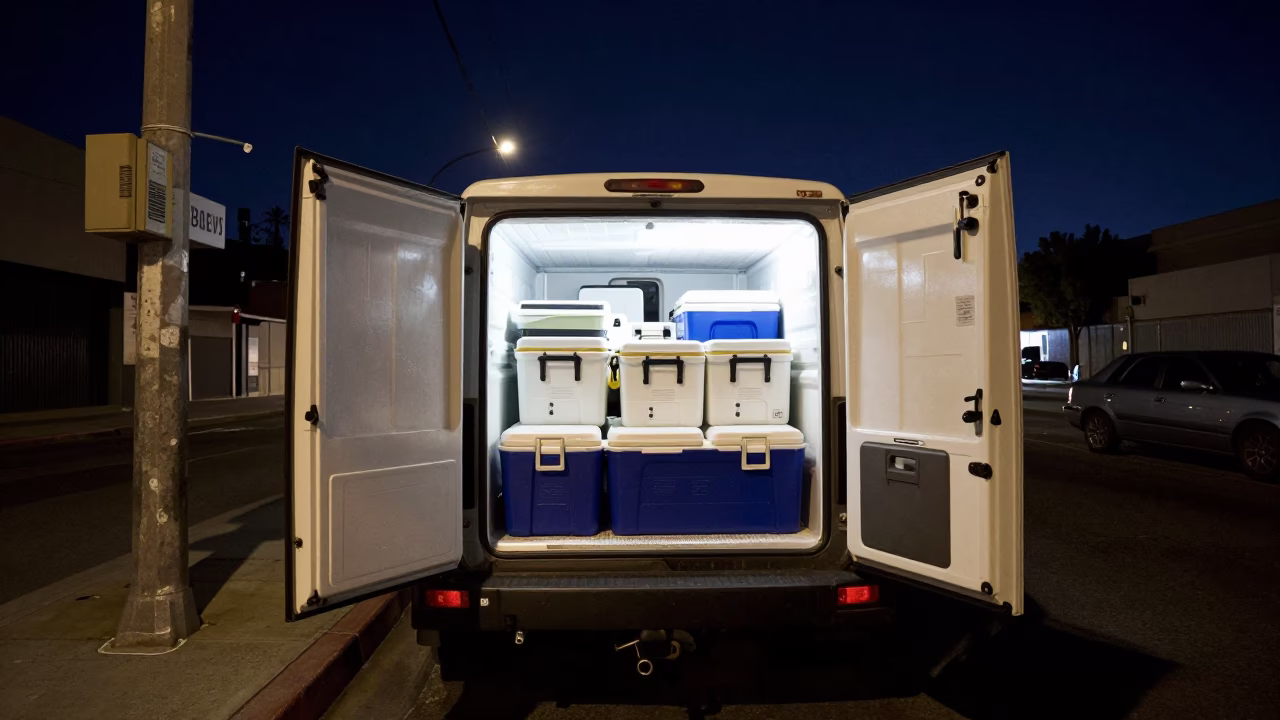 Los Angeles Night Street Scene Under Deep Sky With Coolers And Pastries in in Los Angeles, California, United States