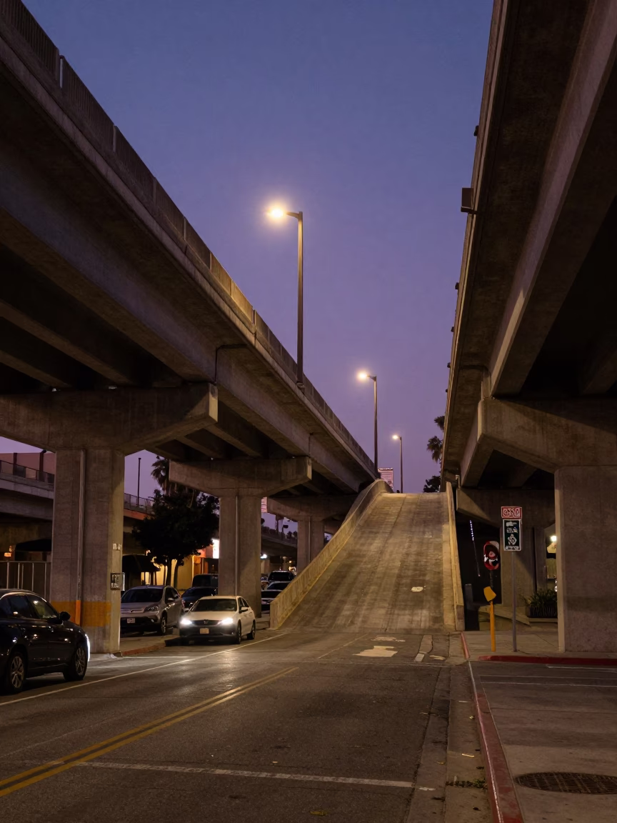 Los Angeles Night Street Scene with Overpass Ramp and Urban Shadows in in Los Angeles, California, United States