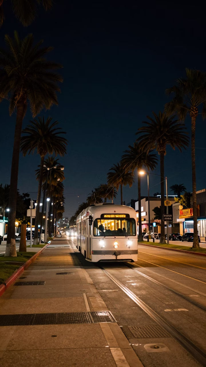 Los Angeles Night Street Scene with Tramcar on Tree-Lined Boulevard in in Los Angeles, California, United States
