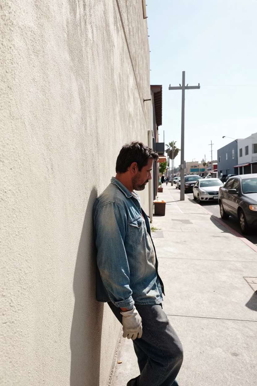 Los Angeles Noon Street Scene with Worker Gloves and Condensation on Wall in in Los Angeles, California, United States