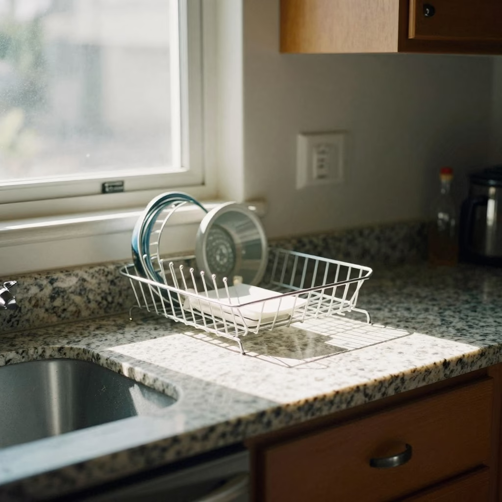 Los Angeles Noon Sunlight on Kitchen Counter with Dish Rack and Open Pomegranate Seeds in in Los Angeles, California, United States