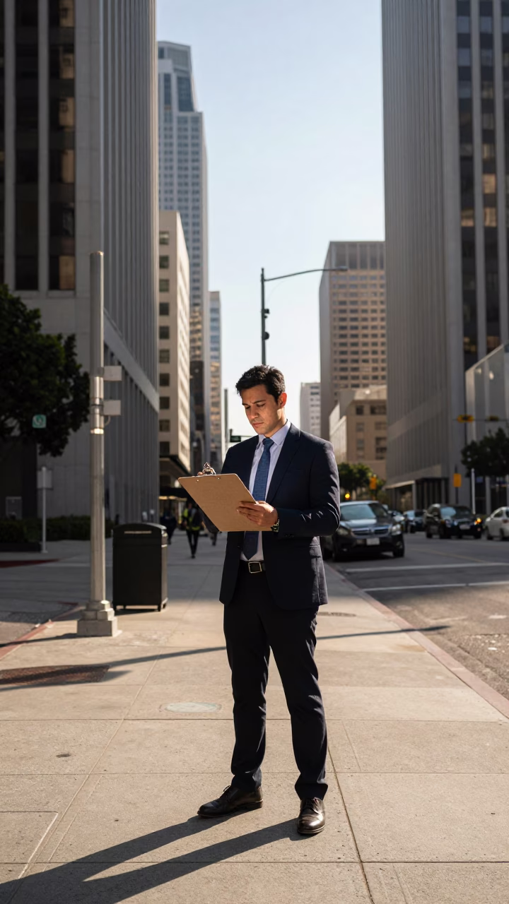 Los Angeles Office Worker Checking Clipboard Near Downtown Skyscrapers Early Afternoon in in Los Angeles, California, United States