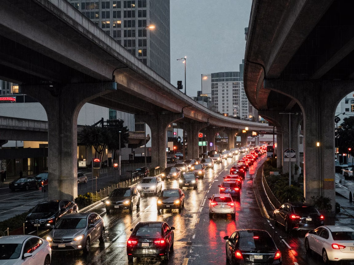 Los Angeles Overpass Interchange Glowing with Taillights After Rain at Night in in Los Angeles, California, United States