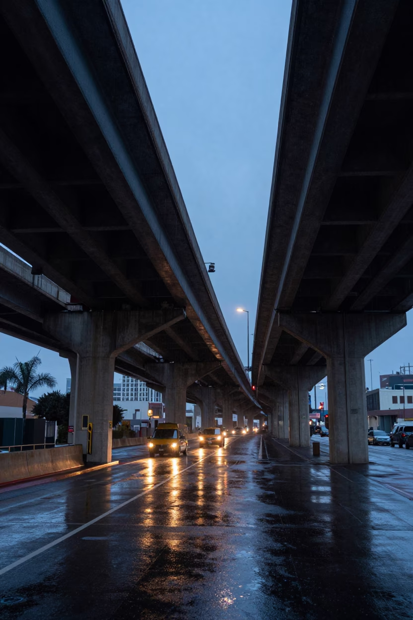 Los Angeles Overpass Interchange Glowing with Taillights After Rain Before Dawn in in Los Angeles, California, United States
