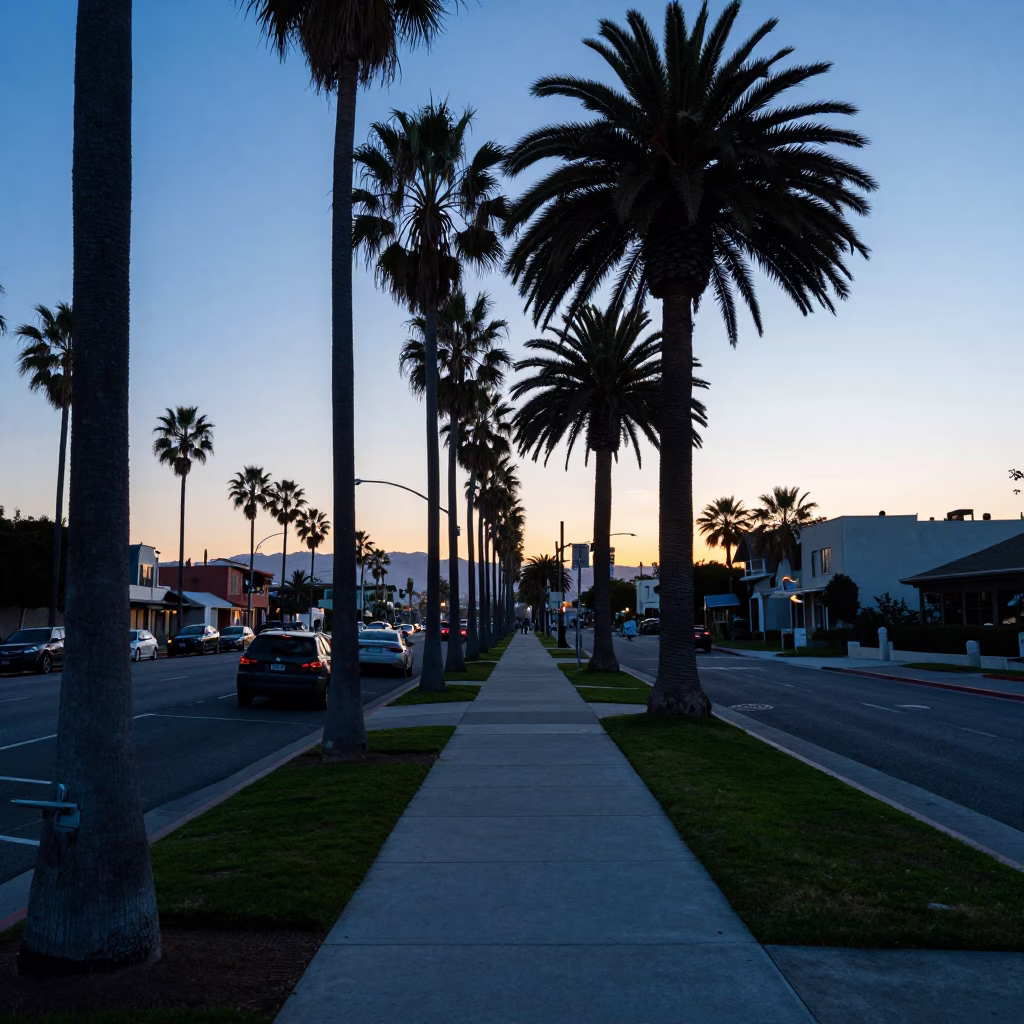 Los Angeles Palm Tree Street Scene Before Sunrise with Glass Vase on Concrete in in Los Angeles, California, United States