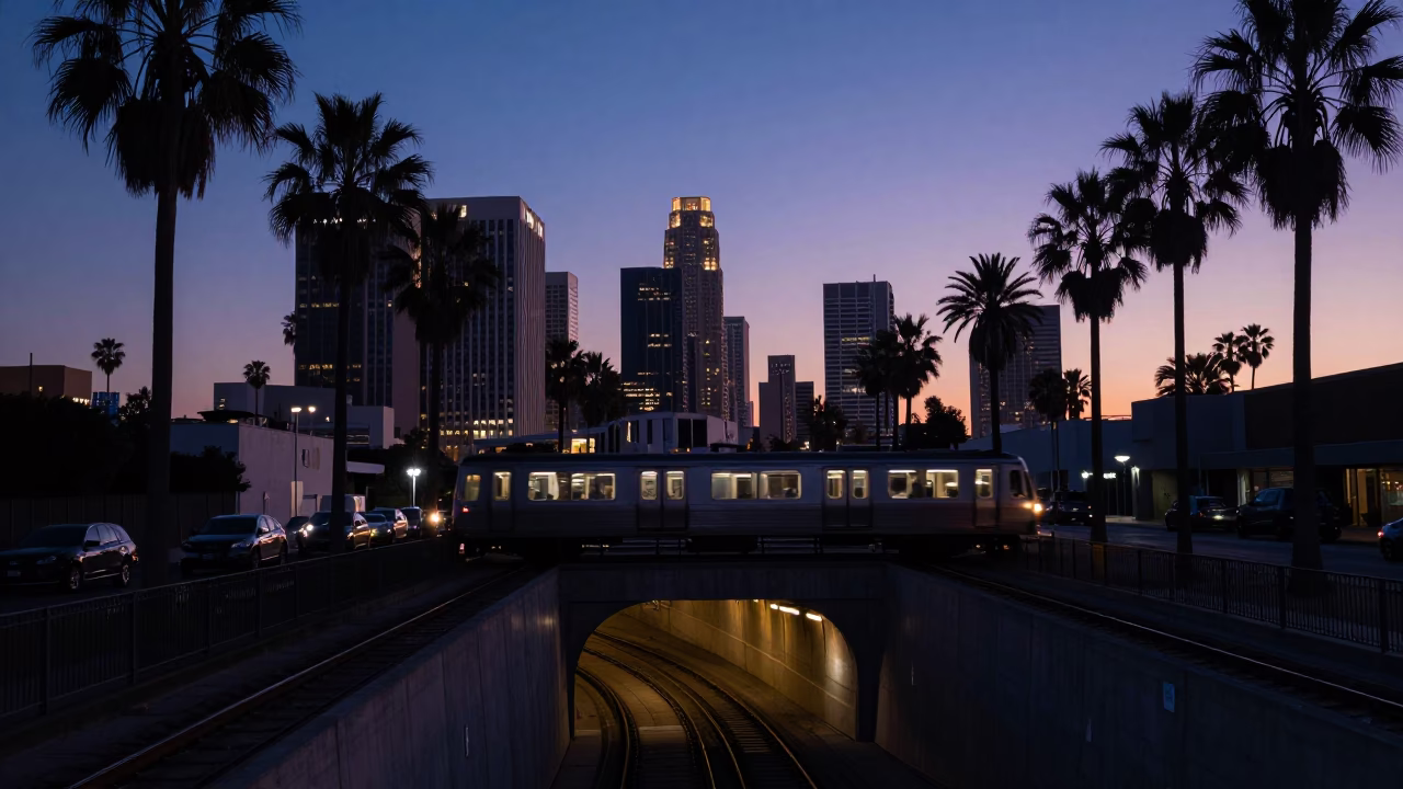 Los Angeles Pre-Dawn Cityscape with Metro Train Emerging from Tunnel in in Los Angeles, California, United States