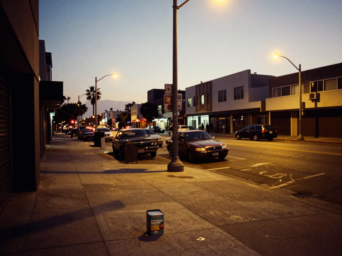 Los Angeles Pre-Dawn Street Scene with Tiffin Tin and Urban Details in in Los Angeles, California, United States