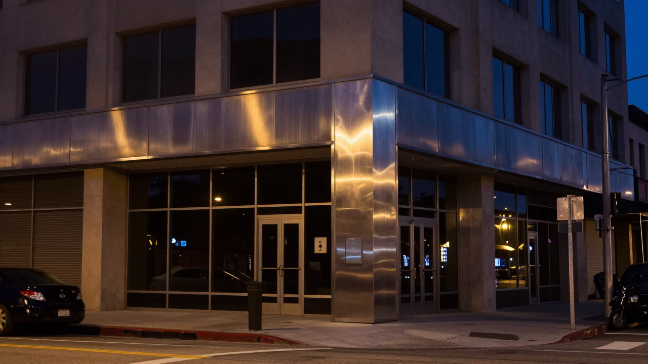 Los Angeles Predawn Street Scene with Brushed Steel Frame and Leaf Shadows on Drain in in Los Angeles, California, United States