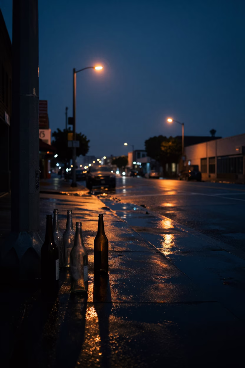 Los Angeles Predawn Street Scene with Glass Bottles and Wet Pavement Reflections in in Los Angeles, California, United States