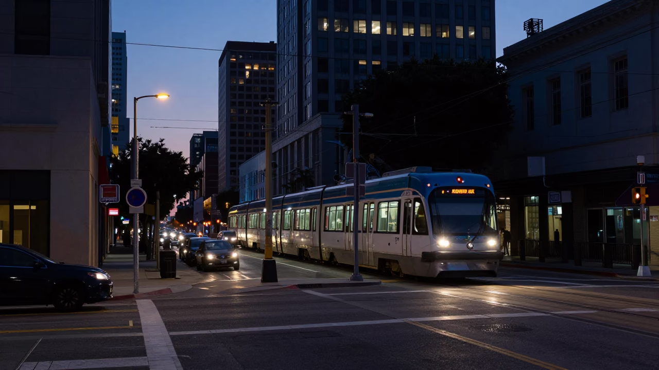 Los Angeles Predawn Street Scene with Monorail and Match Striker Detail in in Los Angeles, California, United States