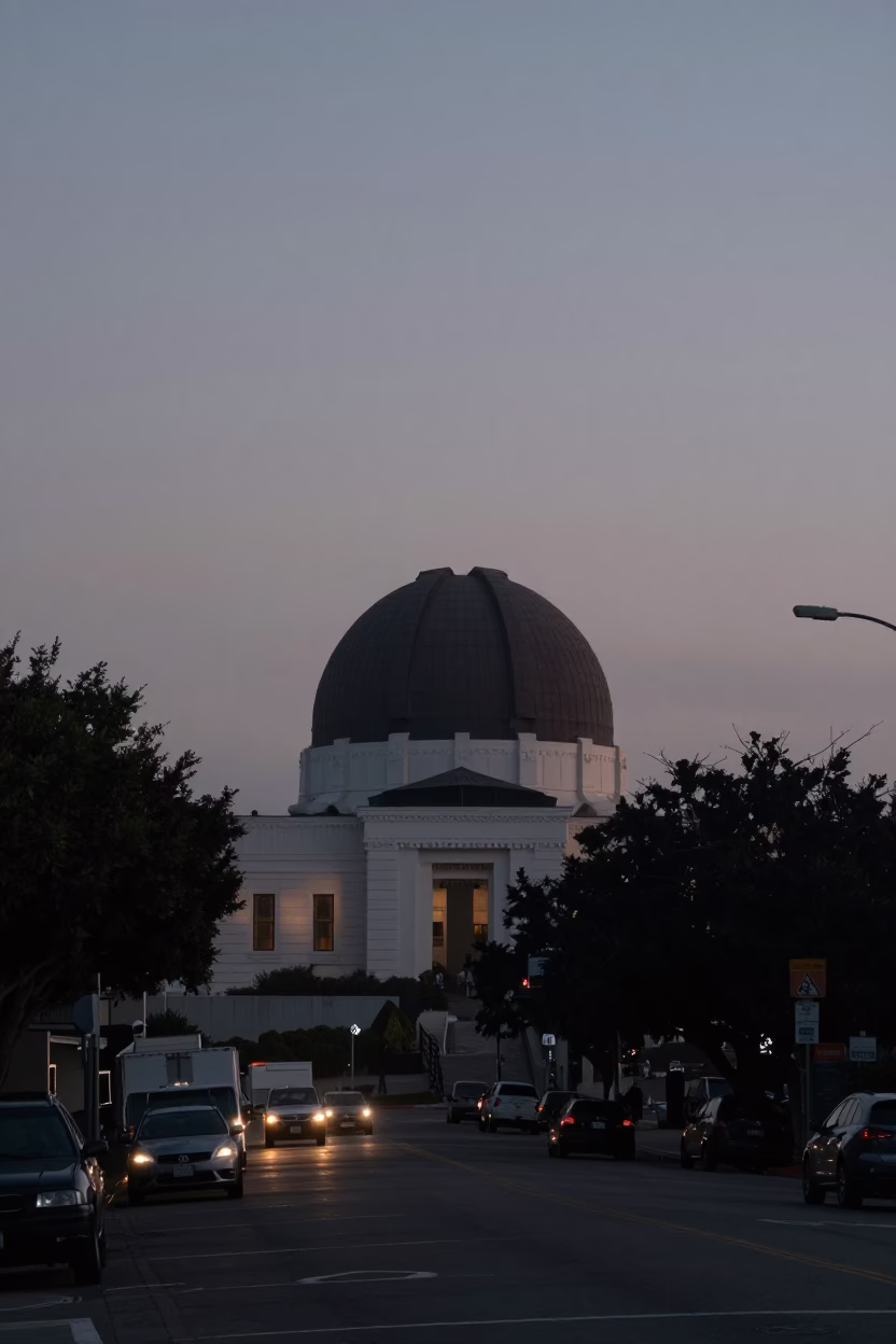 Los Angeles Predawn Street Scene with Observatory Dome Silhouette and Drifting Ground Fog in in Los Angeles, California, United States