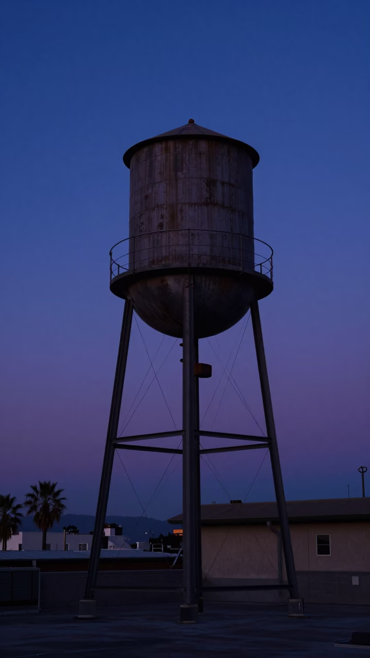Los Angeles rooftop water tower silhouetted against indigo twilight sky with street lights in in Los Angeles, California, United States