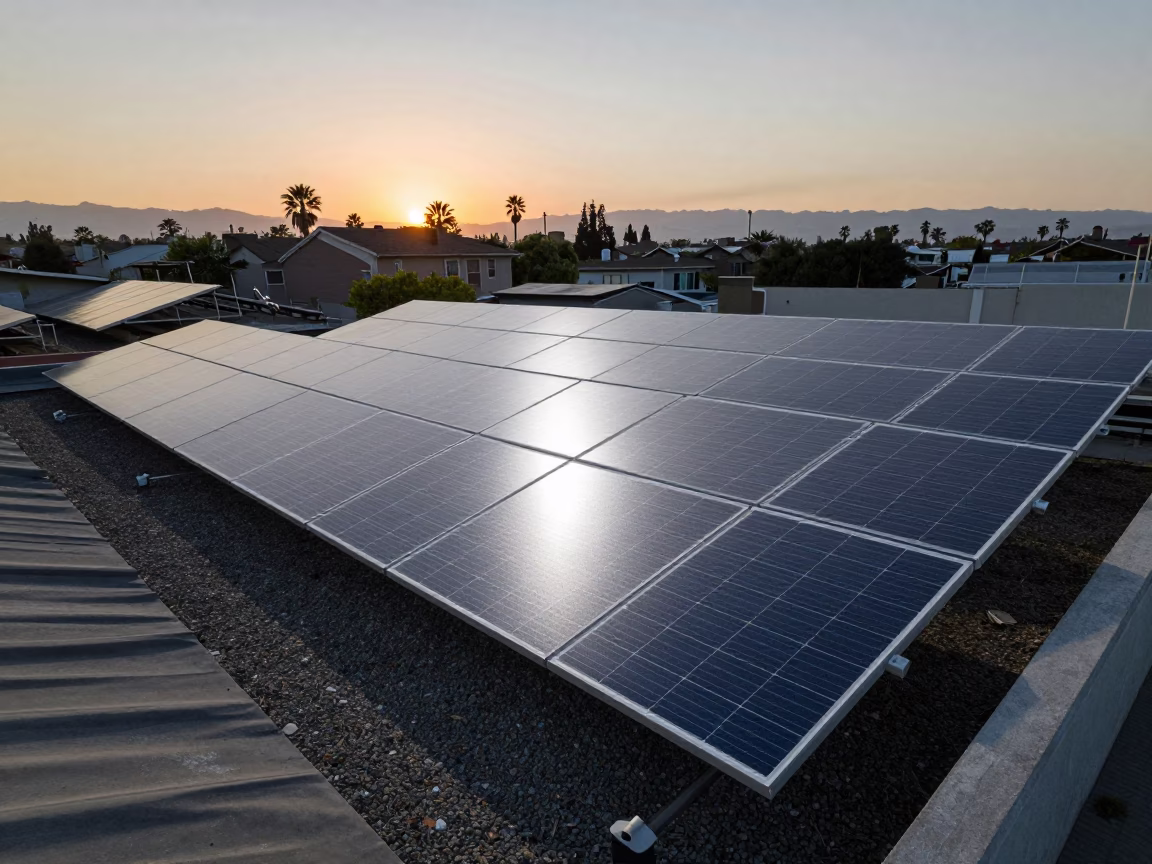 Los Angeles Solar Array Glinting Silver in Pre-Dawn Light in in Los Angeles, California, United States