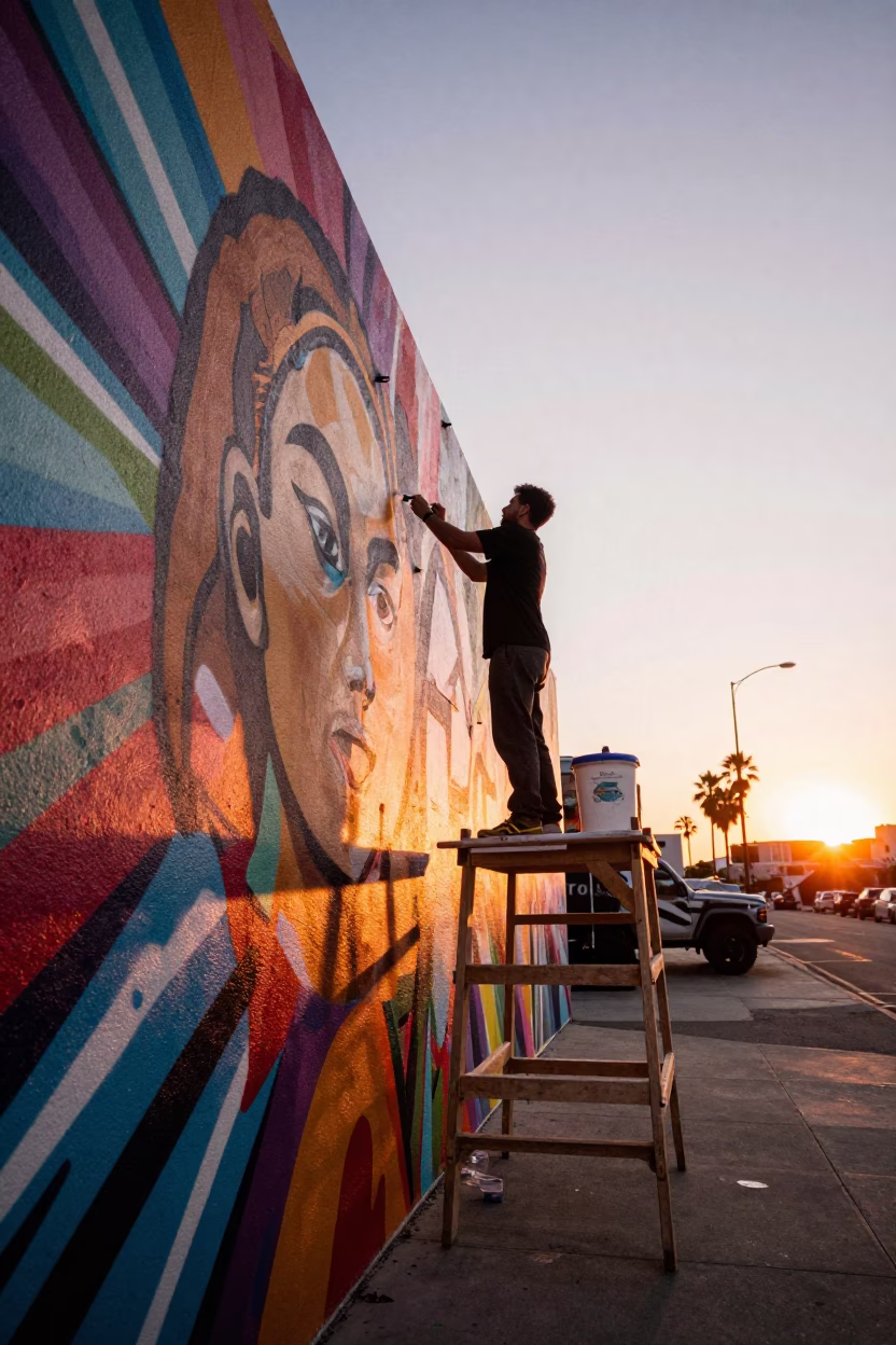 Los Angeles Street Artist Painting Mural in Copper Toned Light Before Dusk in in Los Angeles, California, United States