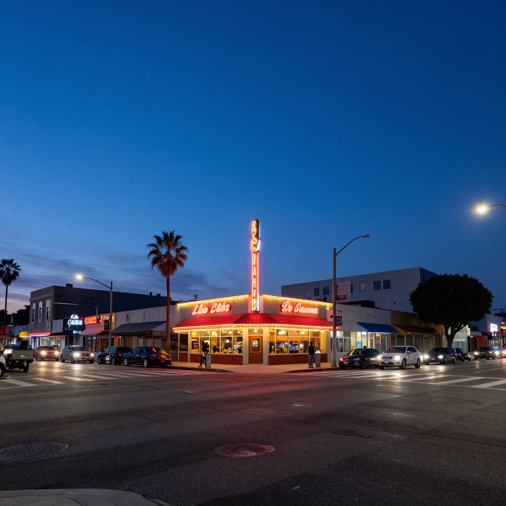 Los Angeles Street Corner at Blue Hour in in Los Angeles, California, United States