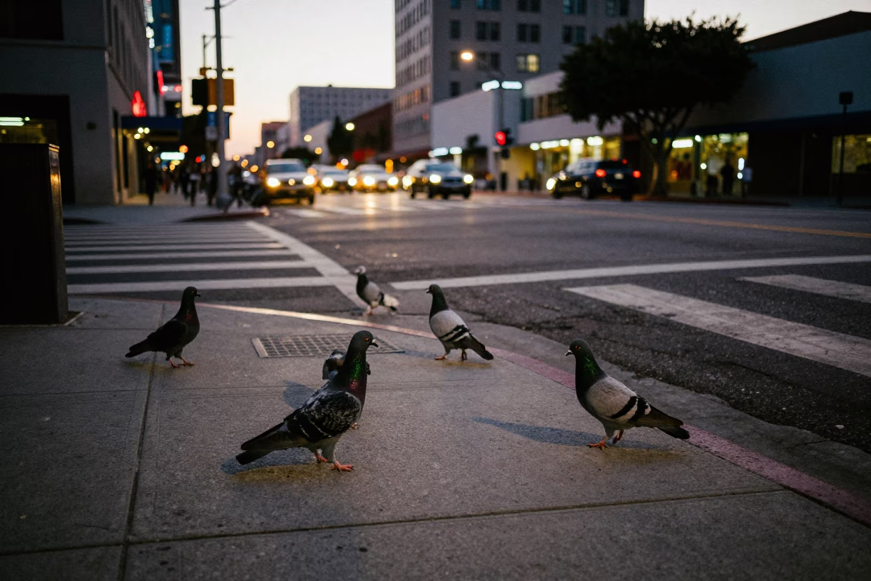 Los Angeles street corner at dusk with pigeons and urban architecture in in Los Angeles, California, United States