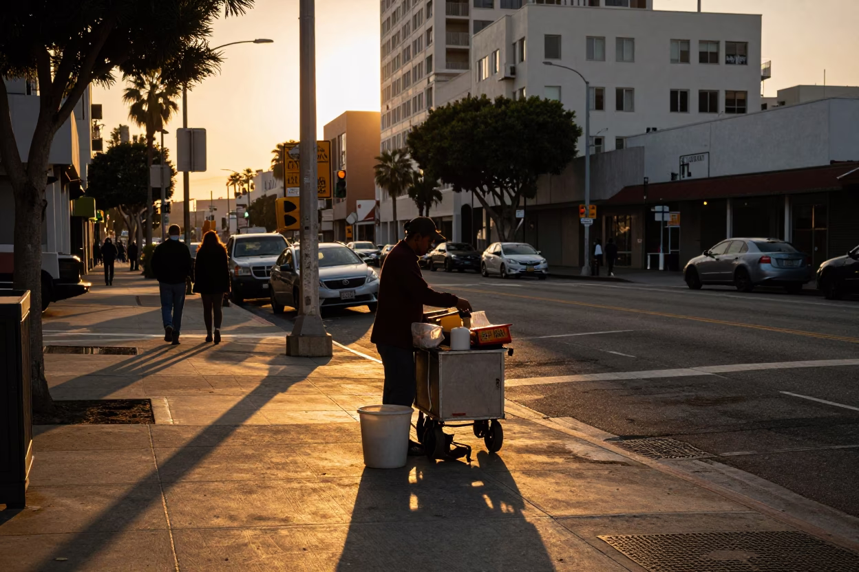 Los Angeles Street Corner at Sunset Light in in Los Angeles, California, United States