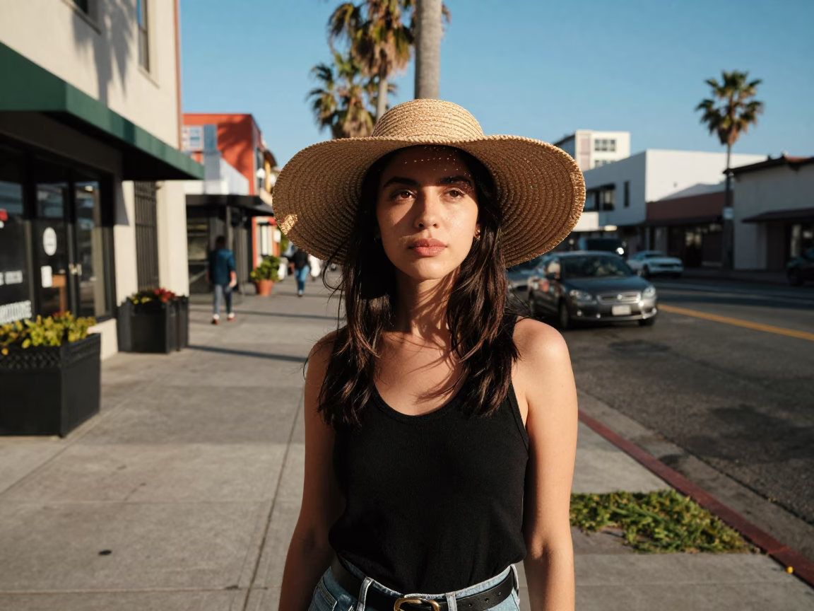 Los Angeles Street Fashion Portrait with Straw Hat in Late Afternoon Sun in in Los Angeles, California, United States