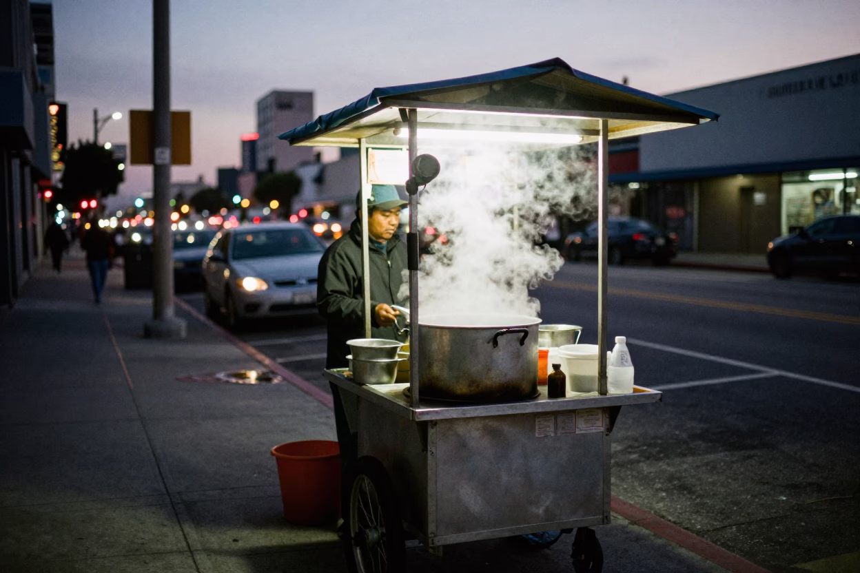 Los Angeles Street Food Stall at Dusk with Steam and Strawberries in in Los Angeles, California, United States