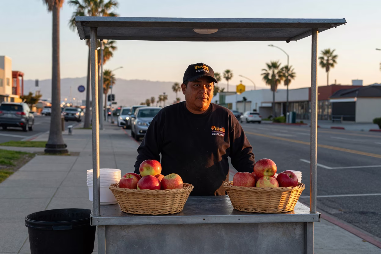 Los Angeles Street Food Vendor at Nautical Dawn with Clear Glass Doorframe and Apples in in Los Angeles, California, United States