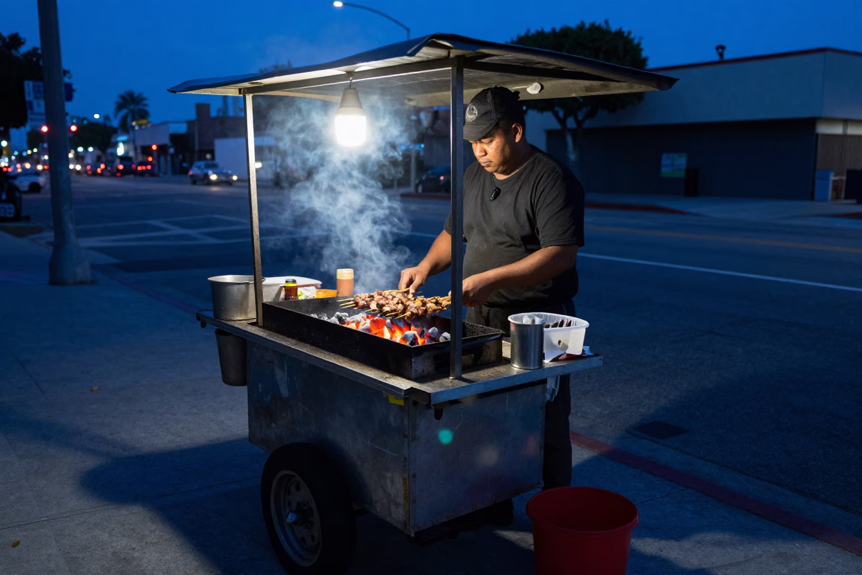Los Angeles Street Food Vendor Grilling Kebabs Under Twilight Blue Light in California in in Los Angeles, California, United States