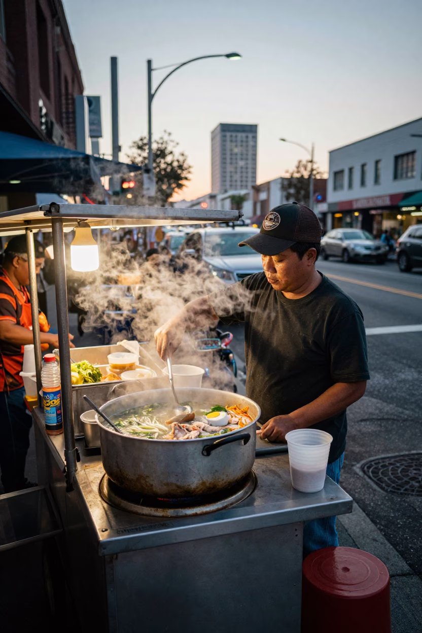 Los Angeles Street Food Vendor Serving Khao Piak Sen at Nautical Dawn in in Los Angeles, California, United States