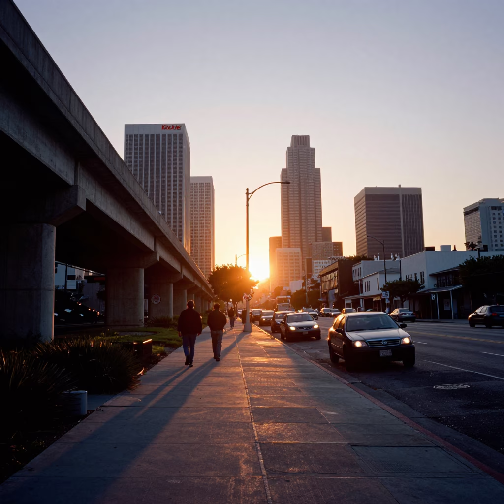 Los Angeles Street Scene at As The Sun Drops Toward The Horizon in in Los Angeles, California, United States