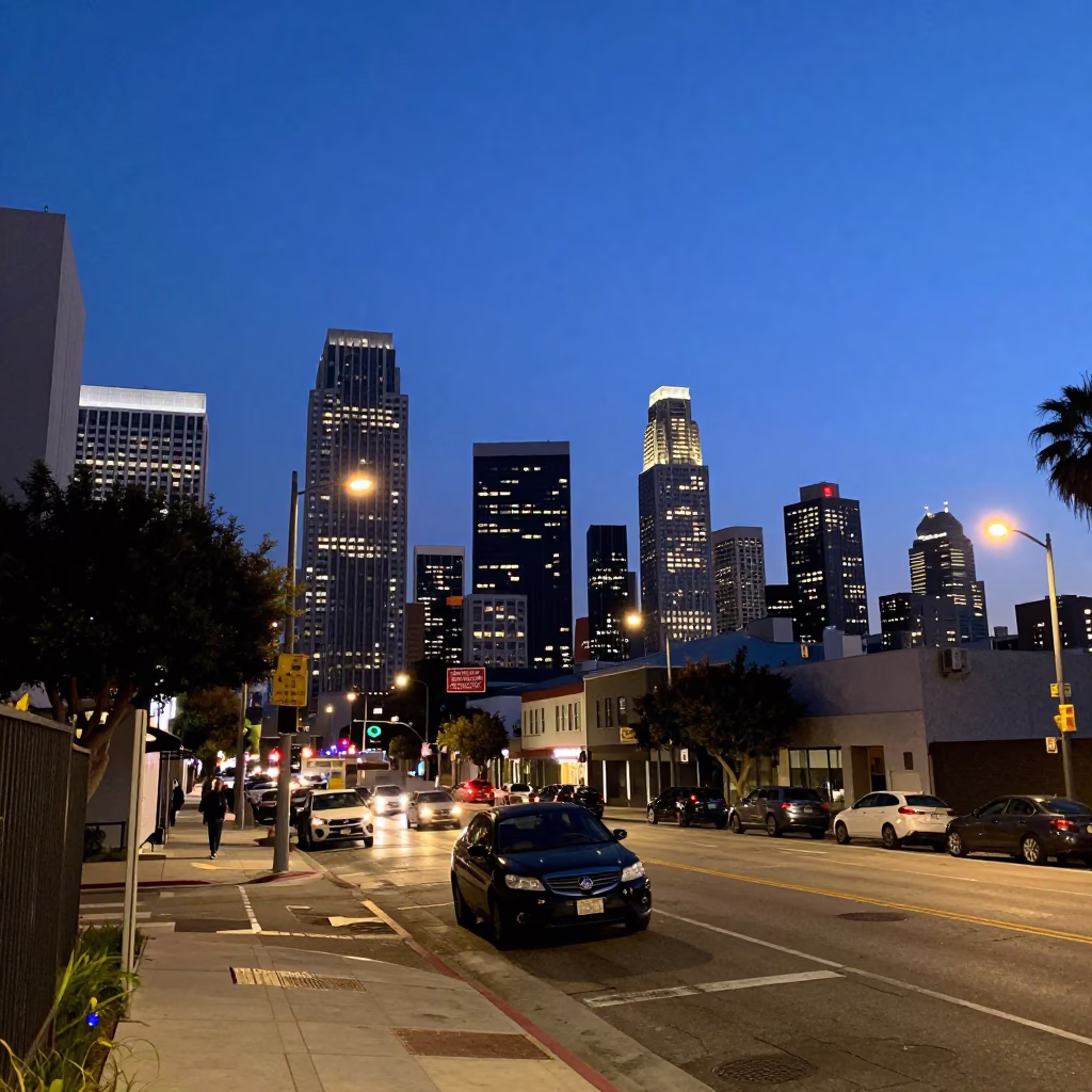 Los Angeles Street Scene at Blue Hour with Urban Elements and City Lights in in Los Angeles, California, United States