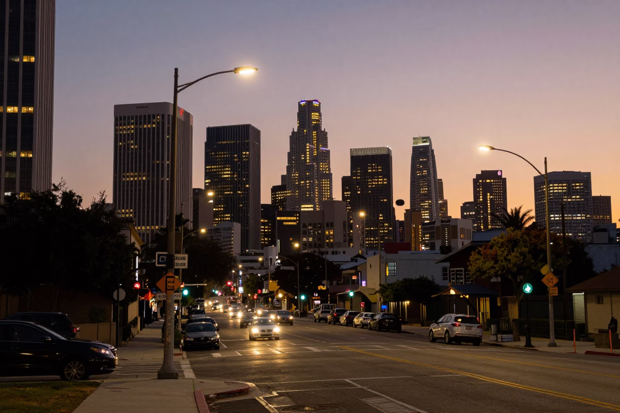Los Angeles Street Scene at Dusk with City Lights and Urban Architecture in in Los Angeles, California, United States