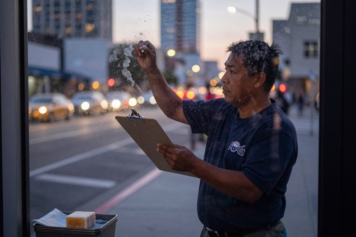 Los Angeles Street Scene at Dusk with Clipboard and Soap Residue on Mirror in in Los Angeles, California, United States