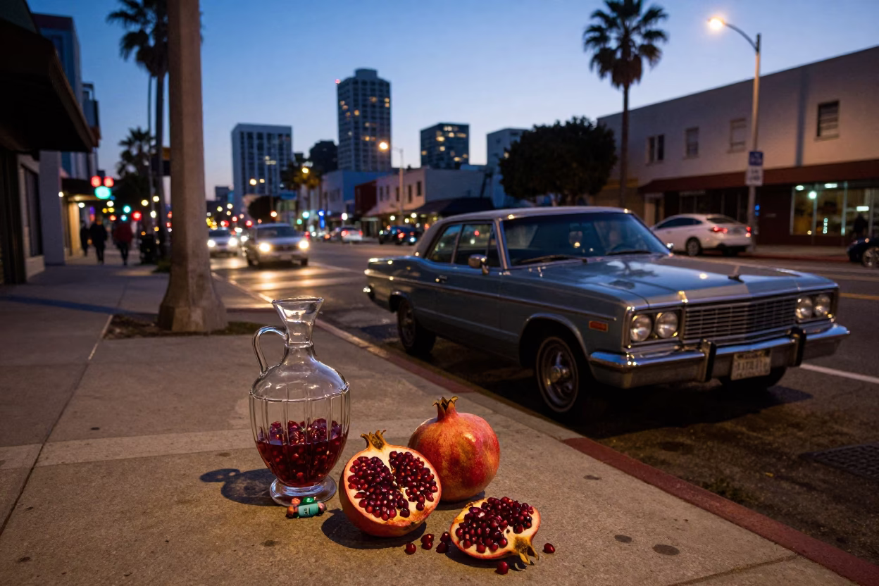 Los Angeles Street Scene at Dusk with Pomegranate and Decanter Near Jacaranda Tree in in Los Angeles, California, United States