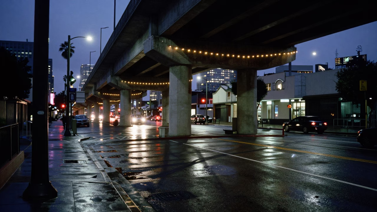 Los Angeles Street Scene at Dusk with String Lights and Viaduct Shadow in in Los Angeles, California, United States