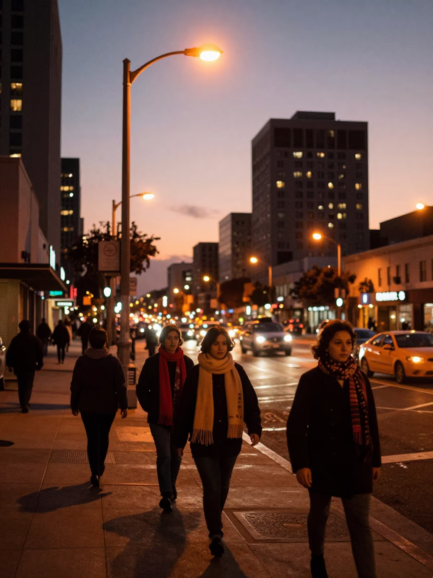 Los Angeles Street Scene at Dusk with Wool Scarves and City Lights in in Los Angeles, California, United States