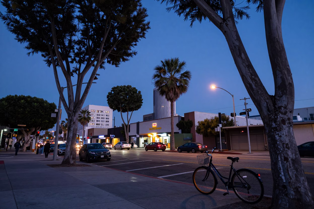 Los Angeles Street Scene at Indigo Twilight with Bicycle and Eucalyptus Trees in in Los Angeles, California, United States